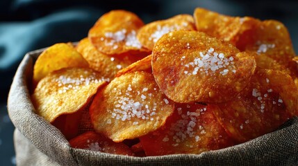 Greasy bites snack with taste and salt overload concept. A close-up of crispy, salty potato chips in a burlap sack.