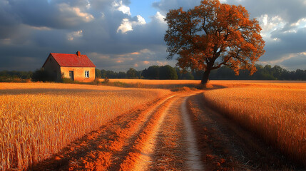 Rural golden wheat field landscape