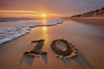 Number 10 written in wet beach sand at sunrise with pale lavender, cream, and pink tones glowing across the shoreline — a minimalist, high-detail scene perfect for numeric visuals and stock background