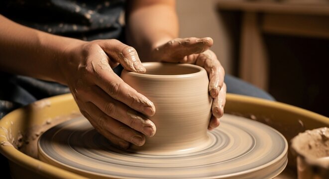 Potter's hands shaping clay on a spinning wheel, creating a smooth, symmetrical vessel