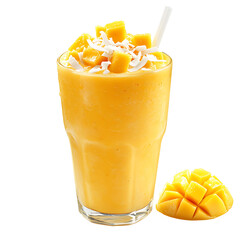 Refreshing Mango Smoothie Topped with Coconut and Fresh Mango Cubes