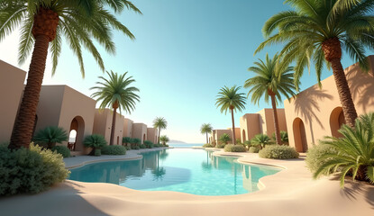 Fototapeta premium Luxury swimming pool with palm trees and resort view
