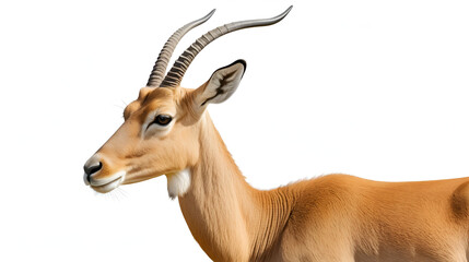Naklejka premium A realistic portrait of a saiga antelope standing in side view, isolated on a white background. A distinctive, well-proportioned saiga with a light brown or greyish coat, a bulbous nose, slender curve