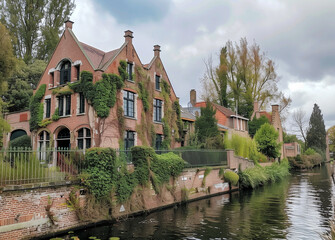 Obraz premium Scenic canal framed by green hedges and historic red brick buildings