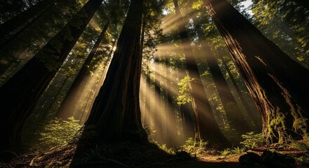 Sunbeams pierce through towering redwood trees in a tranquil, lush forest setting