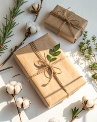 Eco Friendly Gift Packaging with Cotton and Herbs on White Background 