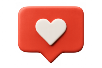 Red social media notification icon featuring white heart shape is displayed on a transparent background
