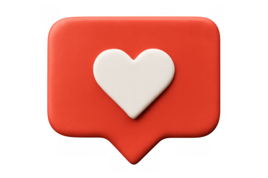 Red social media notification icon featuring white heart shape is displayed on a transparent background