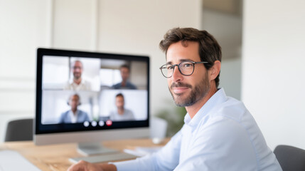 Happy business professional engaging in online collaboration meeting