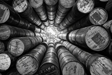 Monochrome perspective shot of numerous aged wooden barrels stacked, converging towards a bright light source