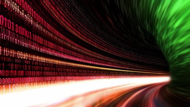 Abstract digital tunnel showcasing binary code and light trails, embodying speed and technological