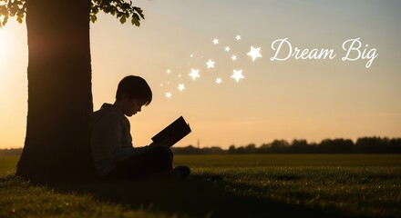 Boy Reading Book Under Tree at Sunset, Stars and Dream Big