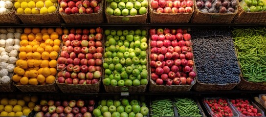 Colorful produce neatly arranged in wicker baskets at a market