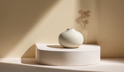 Off-white ceramic vase sits on a minimalist curved pedestal against a muted yellow wall, illuminated by a sunbeam; dried flowers nearby