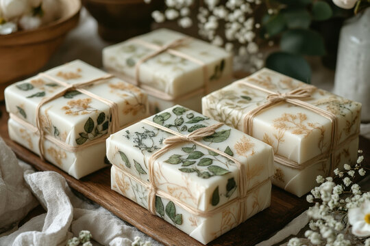 soaps placed on a wooden tray adorned with flowers.