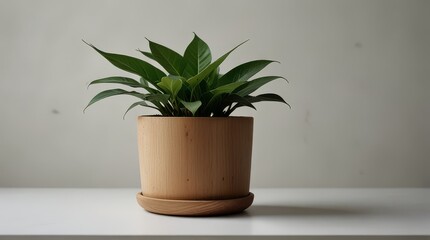 Fototapeta premium Lush Green Plant in Elegant Wooden Pot a perfect addition to home decor, adding natural beauty and tranquility to any space.