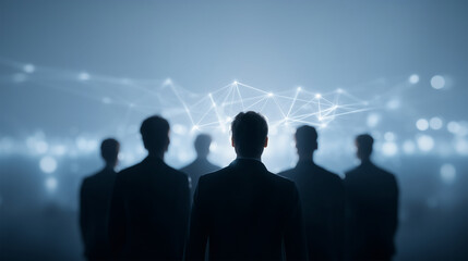 Business team silhouettes facing digital network connectivity concept
