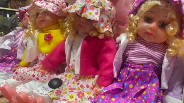 A close-up shot of several blonde, curly-haired dolls dressed in a variety of colorful and floral-patterned outfits with matching hats