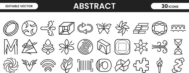 Creative abstract vector icon set with fluid shapes, 3D illusions, swirls, symmetry, and tech-inspired linear forms for branding and web design.