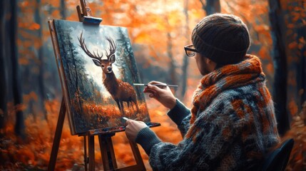 Artist painting a deer in a vibrant autumn forest surrounded by orange and red foliage