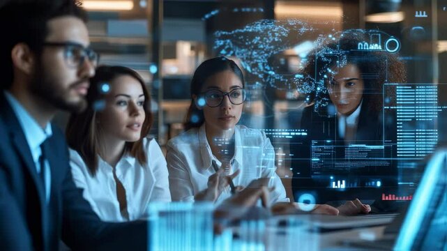 Futuristic collaboration diverse team analyzing holographic data projections - Powered by Adobe