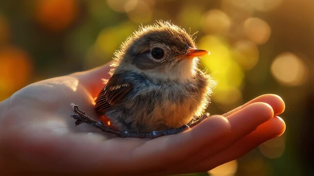 Delicate fledgling perched gently on a caring human hand, sunny backdrop