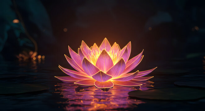 幻想的ピンク蓮華 夜光輝く水面に浮かぶ (Gensou teki pinku renka yoru hikari kagayaku mizuumi ni ukabu) Translation: Fantastic pink lotus, floating on water glowing with night light.. AI Generated