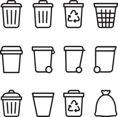 Bin icon set. Trash can, delete button. Vector.  Recycle icon and trash symbol, Recycling sign, Recycle symbol Isolated on white background.