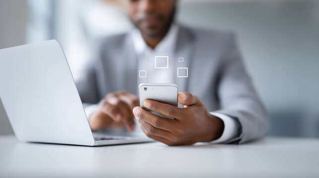 Digital workspace concept with mobile technology and virtual communication icons - Powered by Adobe