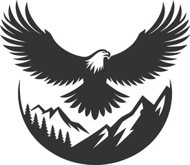 Mountain peak with eagle bird vector drawing silhouette