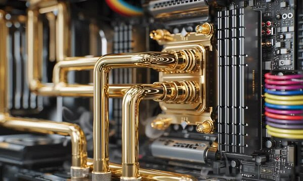 Close-up view of a complex gold-plated computer water cooling system. This showcases intricate pipework and metallic components, emphasizing high-performance technology and aesthetic appeal