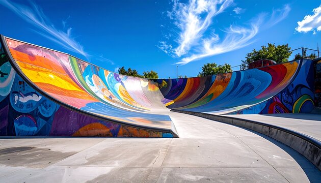 Vibrant graffiti murals covering half pipe structures under clear blue sky