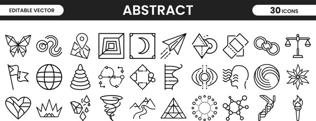 Elegant abstract vector icons pack with symbols including butterfly, spiral, heart, triangle, crown, and energy elements in line art style.