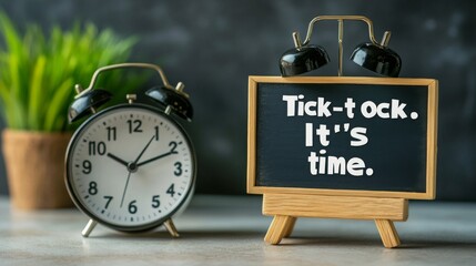 Alarm clock and chalkboard sign display the phrase about time in a cozy indoor setting near a plant
