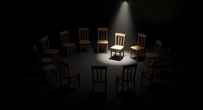 International Day of the Disappeared Spotlight on Empty Chair Circle of Chairs in Darkness