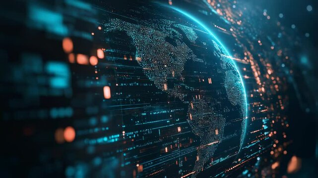 Abstract world globe with futuristic glowing grid and data stream network