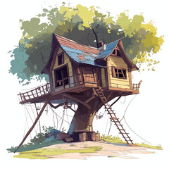 Tree house isolated white background 