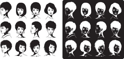a collection of silhouettes of black girls with short hair, showcasing a variety of facial expressions and unique hairstyles, rendered in a sleek and minimalist style.