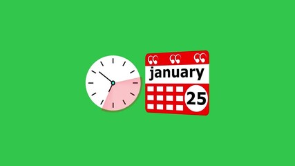January month 25 date calendar icon  and  black color clock animation. Digital calendar month concept design on deep green background.