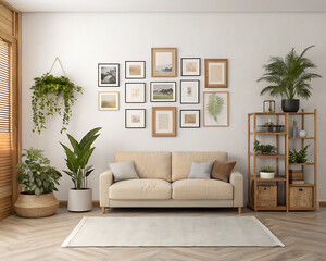 Cozy Living Room Interior Design with Gallery Wall and Plants