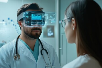 Futuristic healthcare with doctor using augmented reality headset to analyze medical data, symbolizing innovation in diagnostics, telemedicine, and digital health