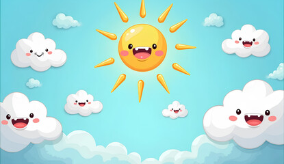 Cute Cartoon Sun with Clouds
