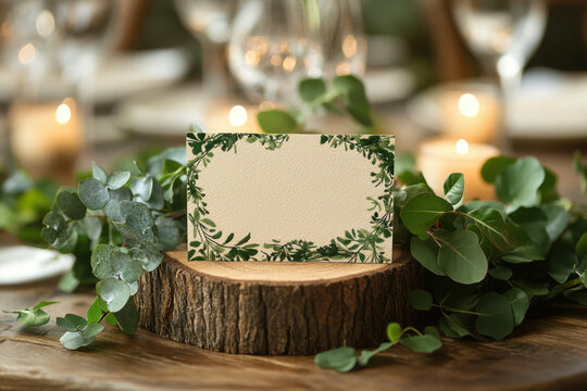 Greene leaves on a place card, wooden table.
