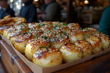 Golden baked bread rolls display