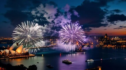 Captivating fireworks display over sydney harbour and iconic opera house during night