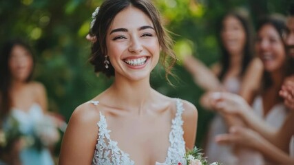 Radiant Bride's Euphoric Wedding Day Celebration with Joyful Attendees