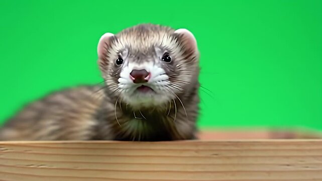Brown ferret with pink nose in a wooden box, green screen backdrop