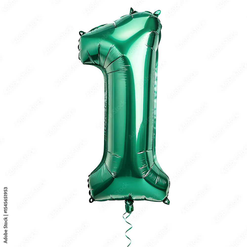 Fototapete a balloon shaped like the number 1,emerald green metallic finish with realistic reflections and smoo
