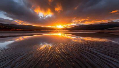 Sunset reflection lake landscape