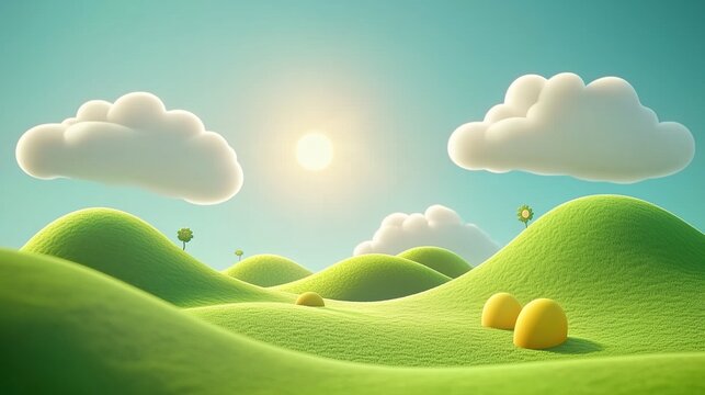 Cartoon landscape with rolling hills and clouds